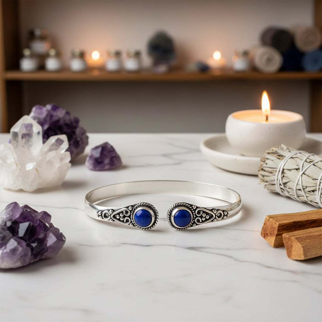 Verstelbare Lapis Lazuli armband met diepblauwe edelstenen en zilverkleurig design voor wijsheid en zelfexpressie