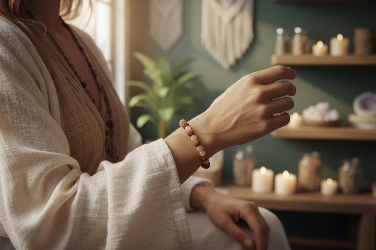 handgemaakte perzik maansteen en rudraksha armband voor innerlijke rust en vrouwelijke energie