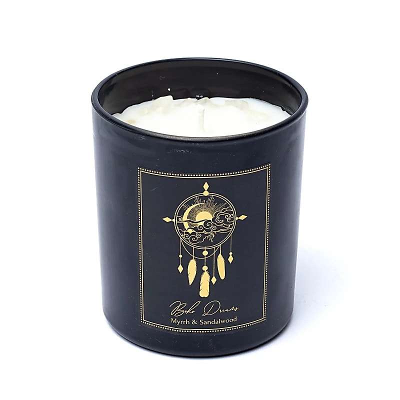 Manifestatiekaars Boho Dreams met myrrhe en sandelhout in zwart glas voor meditatie en rituelen