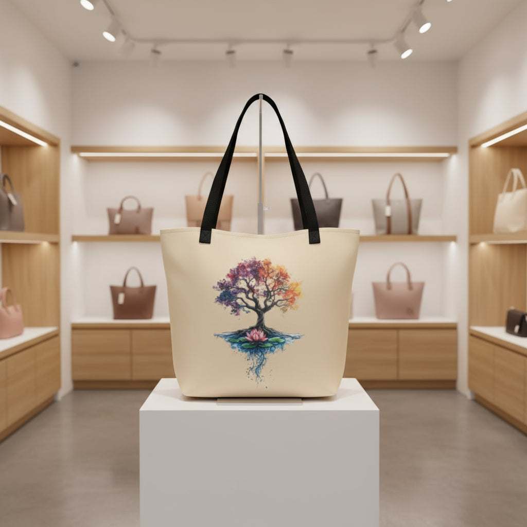 grote tote bag met mystieke levensboom print en zwarte hengsels in boho stijl in winkelomgeving