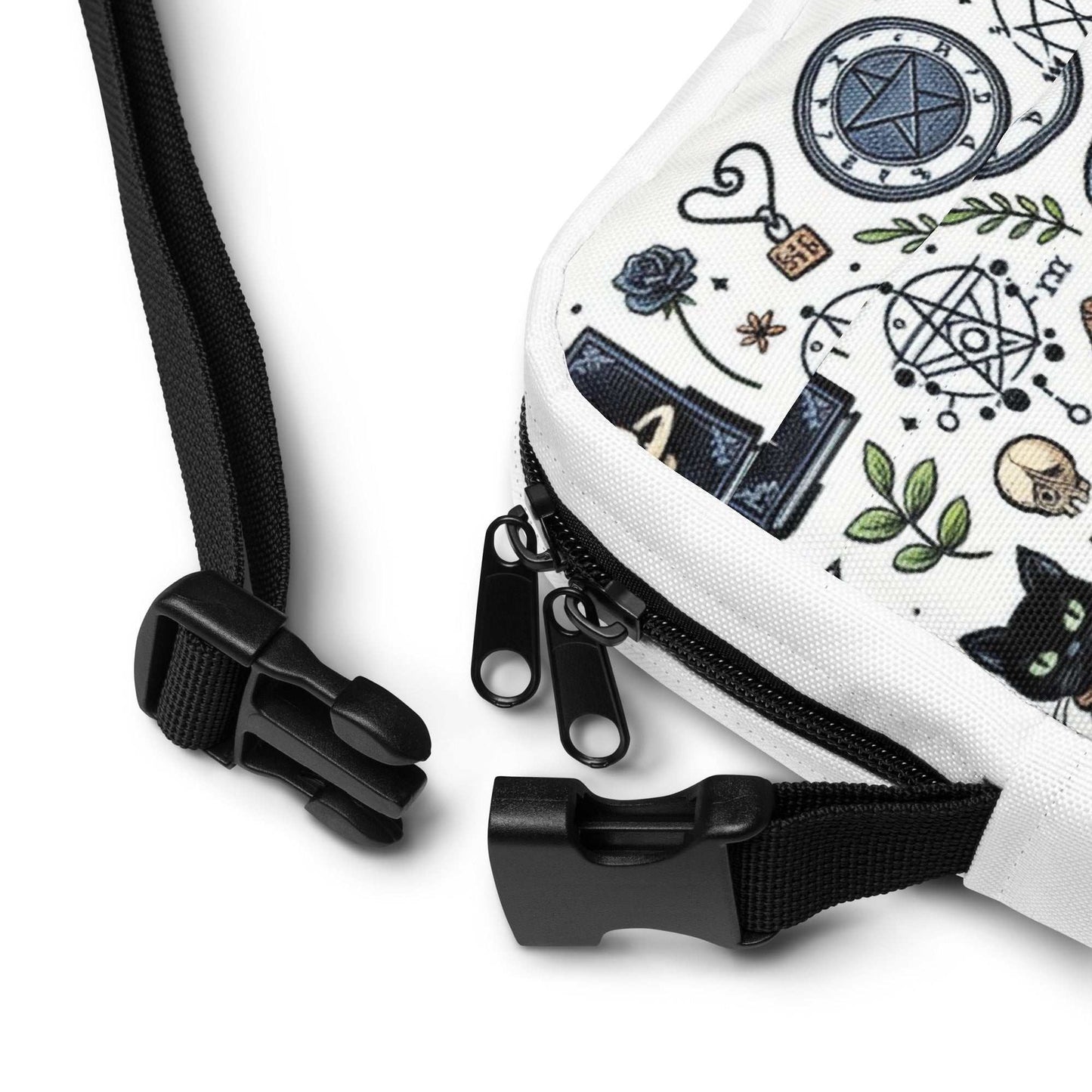 Close-up of Witchy Halloween Crossbody Bag showing adjustable strap, two-way zipper, and witch-themed design on white fabric