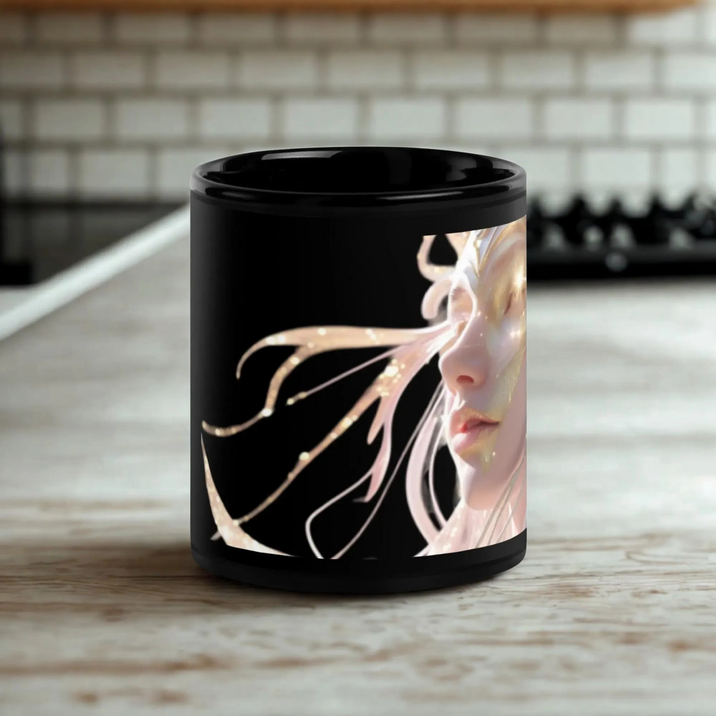 Glossy Black Angel Mug with elegant angel design on black ceramic cup, 11 oz dishwasher and microwave safe