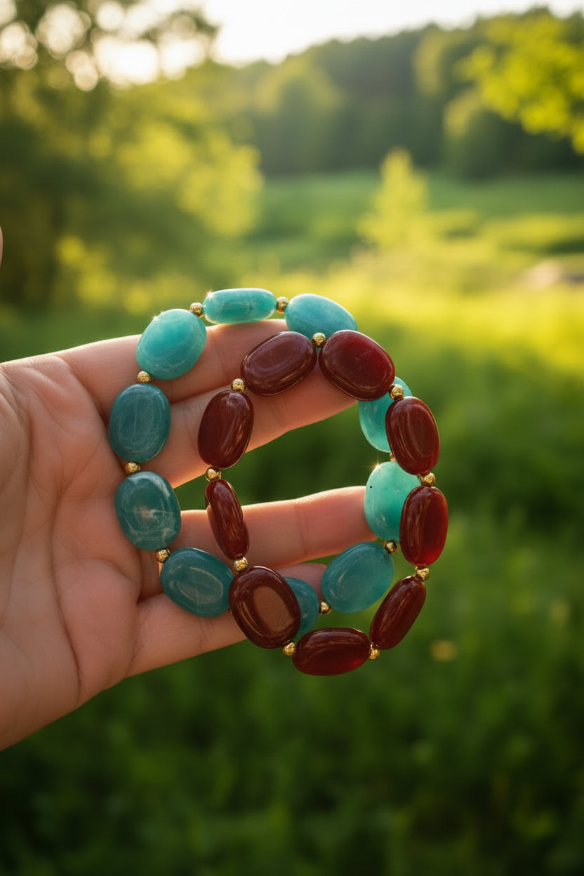 Zonnige lifestyle foto van een vrouw in een bloemige jurk die de rode gemarmerde acryl armband draagt om haar pols, met een mediterraans terras en de zee op de achtergrond.