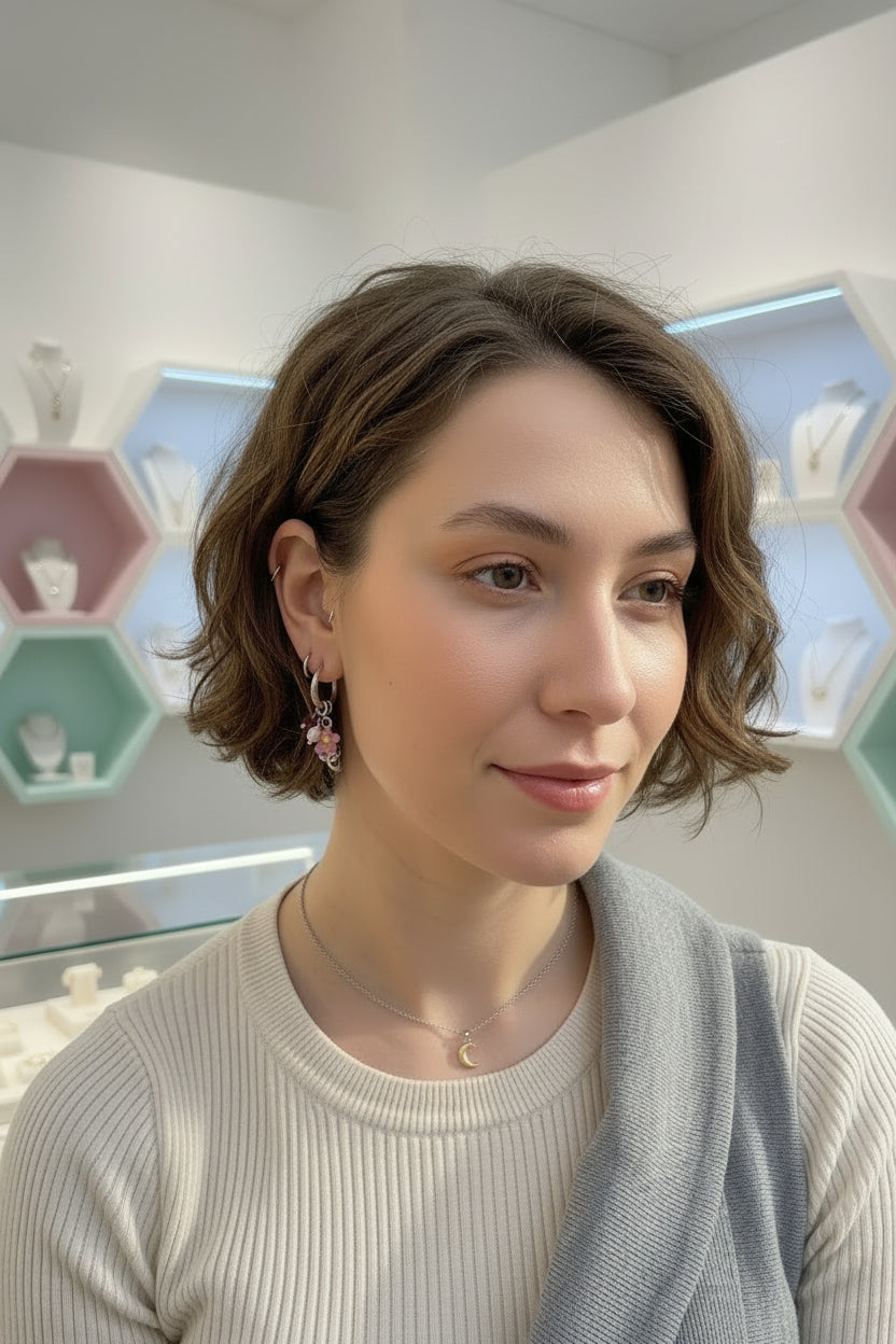 Detailopname van de trendy zilveren waterproof oorbellen met een roze bloem en koraalrood kraaltje voor een zomerse ear party look gedragen door een model in een sieradenwinkel voor jongeren.