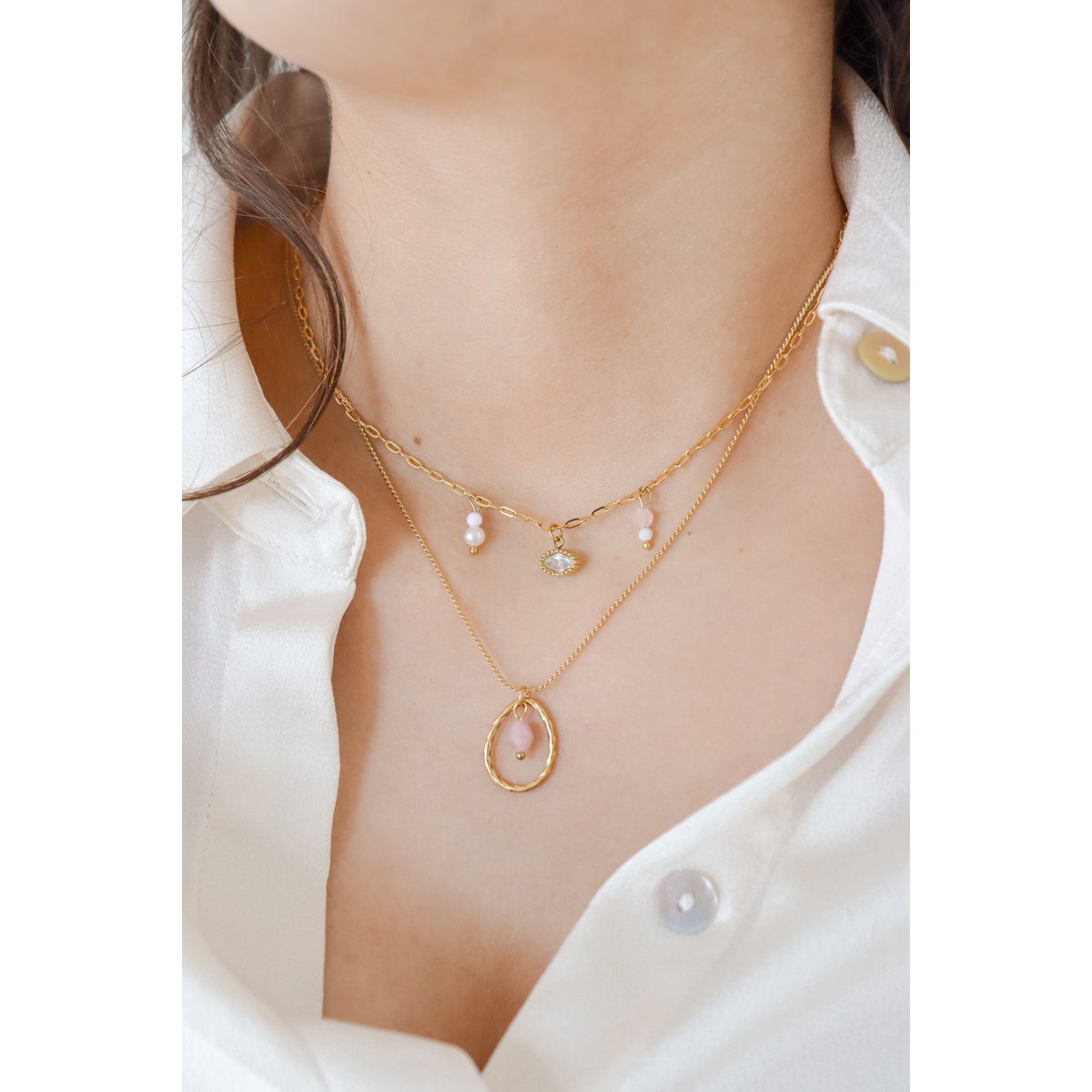 Oog ketting stainless steel met rozenkwarts, maansteen en parel hanger