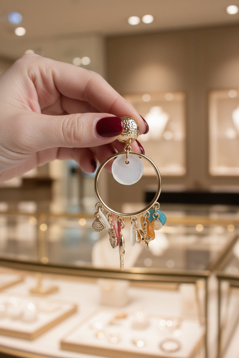 Een gedetailleerde close-up van een hand met rode nagellak die één Glow Mystic statement oorbel vasthoudt. De goudkleurige nikkelvrije metalen hoop toont levendige semi-transparante charms (blauw, oranje, roze), een starfish charm en schelpjes tegen een zacht verlichte sieradenwinkel achtergrond.