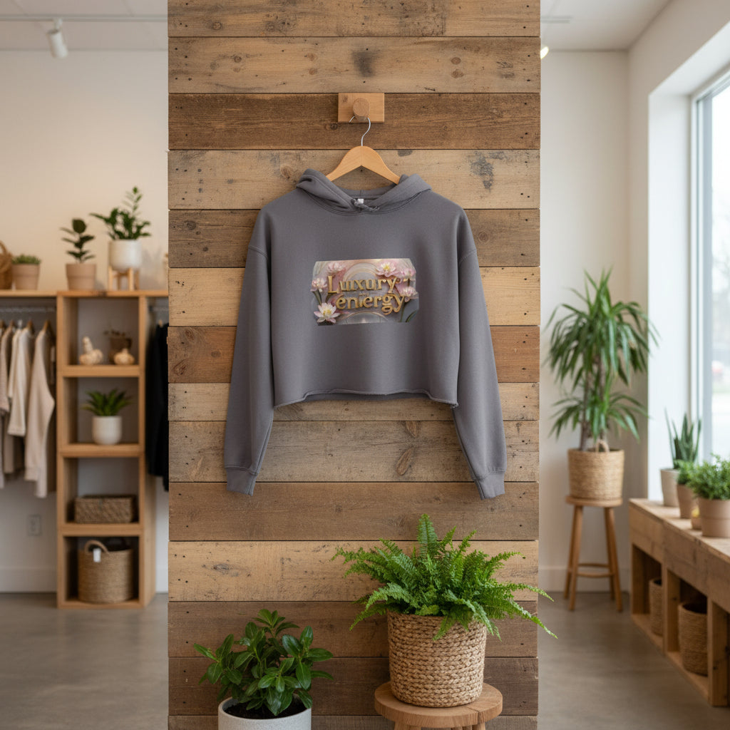 Luxury is My Energy Cropped Hoodie in grijs met gedurfde print, zachte katoenblend en moderne cropped fit aan houten wand in stijlvolle winkelomgeving
