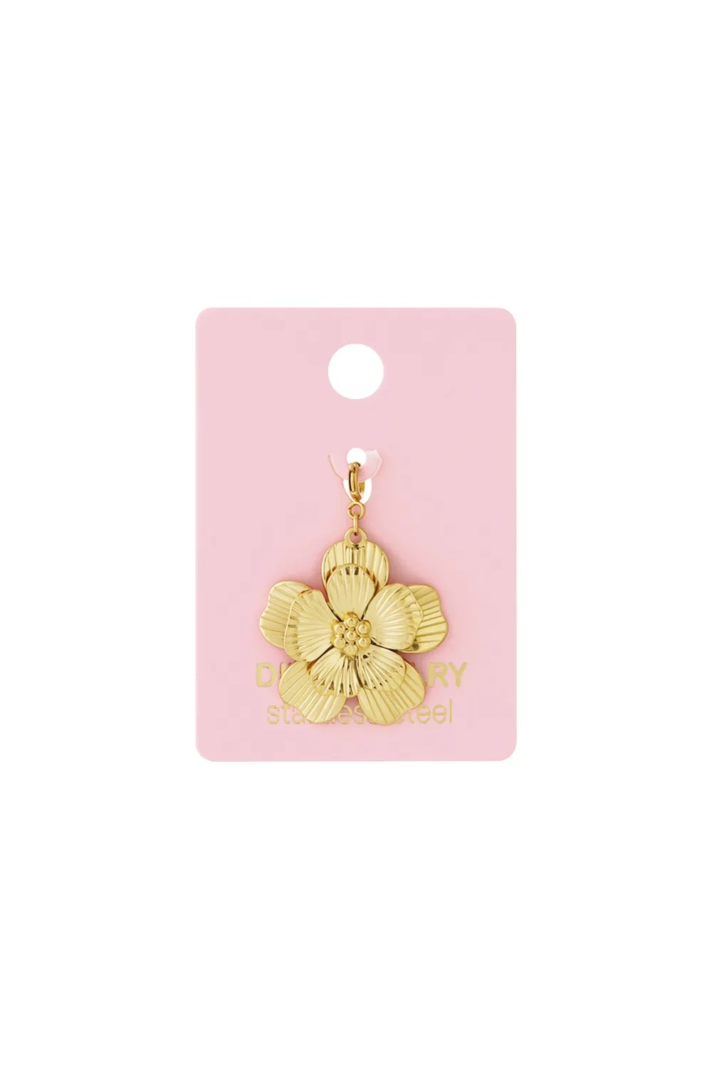 RVS gouden bloemen bedel op roze kaart voor kettingen en armbanden.