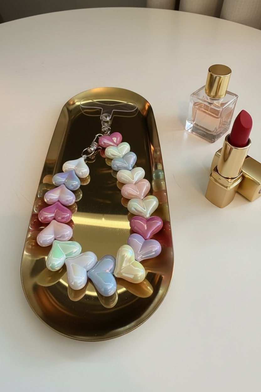 Glow Mystic in Style hartjes parelmoerkleurige telefoonkoord op een glanzende gouden schaal met lifestyle producten eromheen.