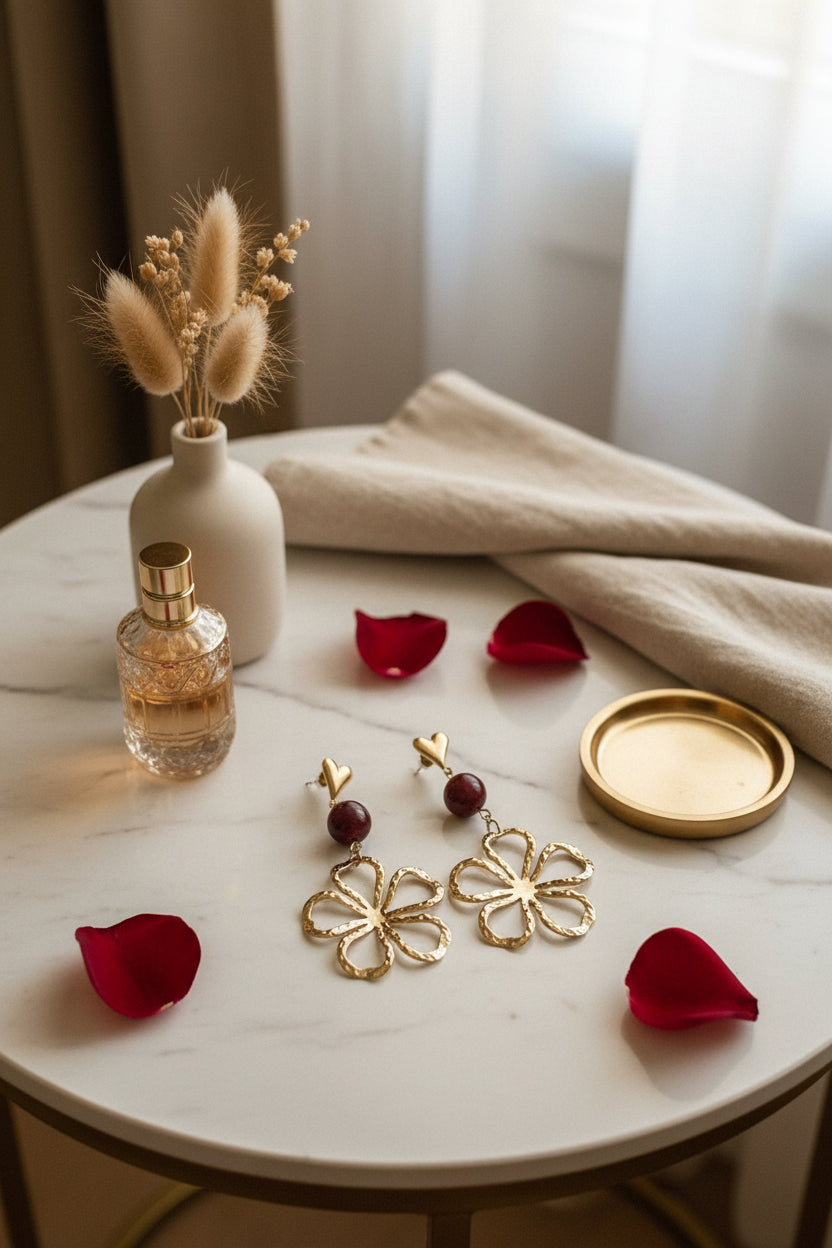 Glow Mystic in Style roestvrijstalen gouden bloem oorbellen met karmozijnrode steen gepresenteerd op een marmeren tafel met lifestyle producten eromheen.