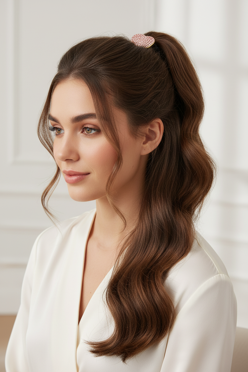 Sfeerbeeld van een vrouw met lang bruin haar in een paardenstaart, gedecoreerd met het luxe goudkleurige haarelastiek met roze strass-hart van Glow Mystic in Style.