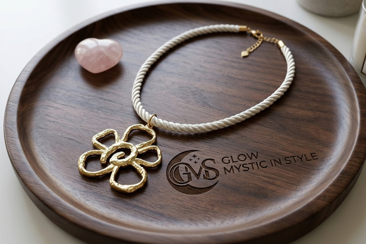 Boho stijl witte koordketting met gouden bloem hanger.
