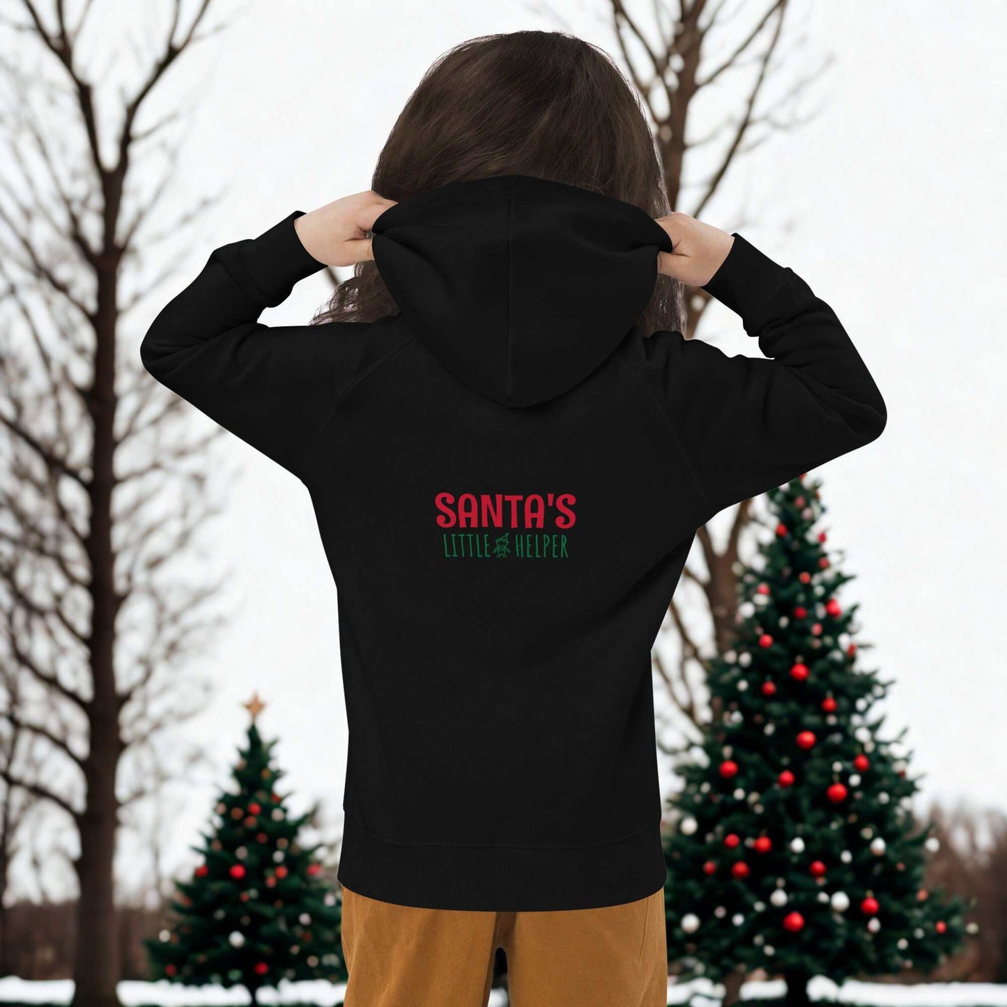 zwarte kids hoodie met Santa's Little Helper print, zachte duurzame stof en unisex pasvorm, kerstige kindertrui