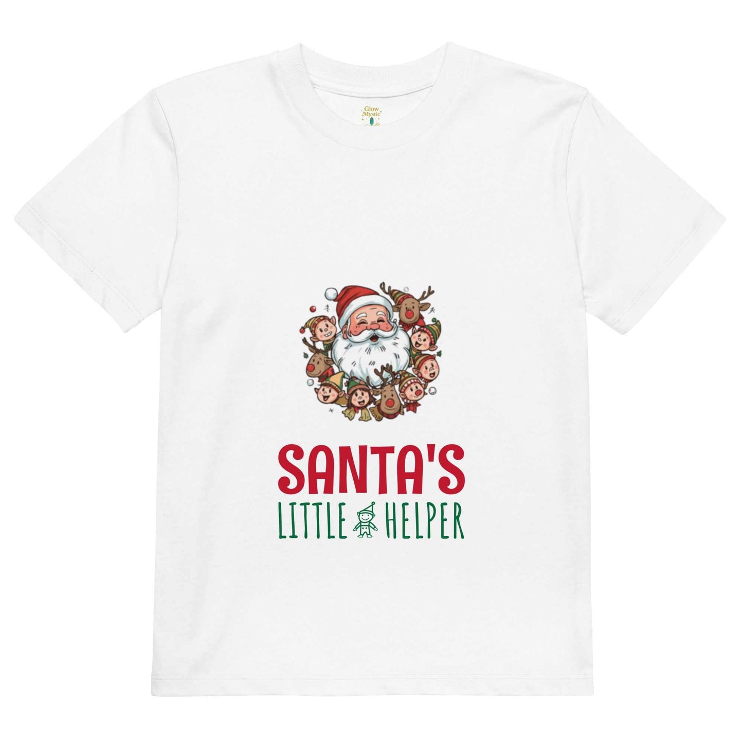Wit kerst t-shirt met Santa’s Little Helper print van biologisch katoen