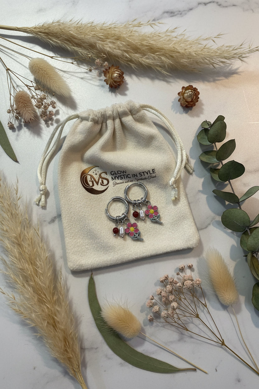 Minimalistische sfeerfoto van de zilveren RVS flower charm hoops liggend op een wmarmeren achtergrond omringd door droogbloemen.