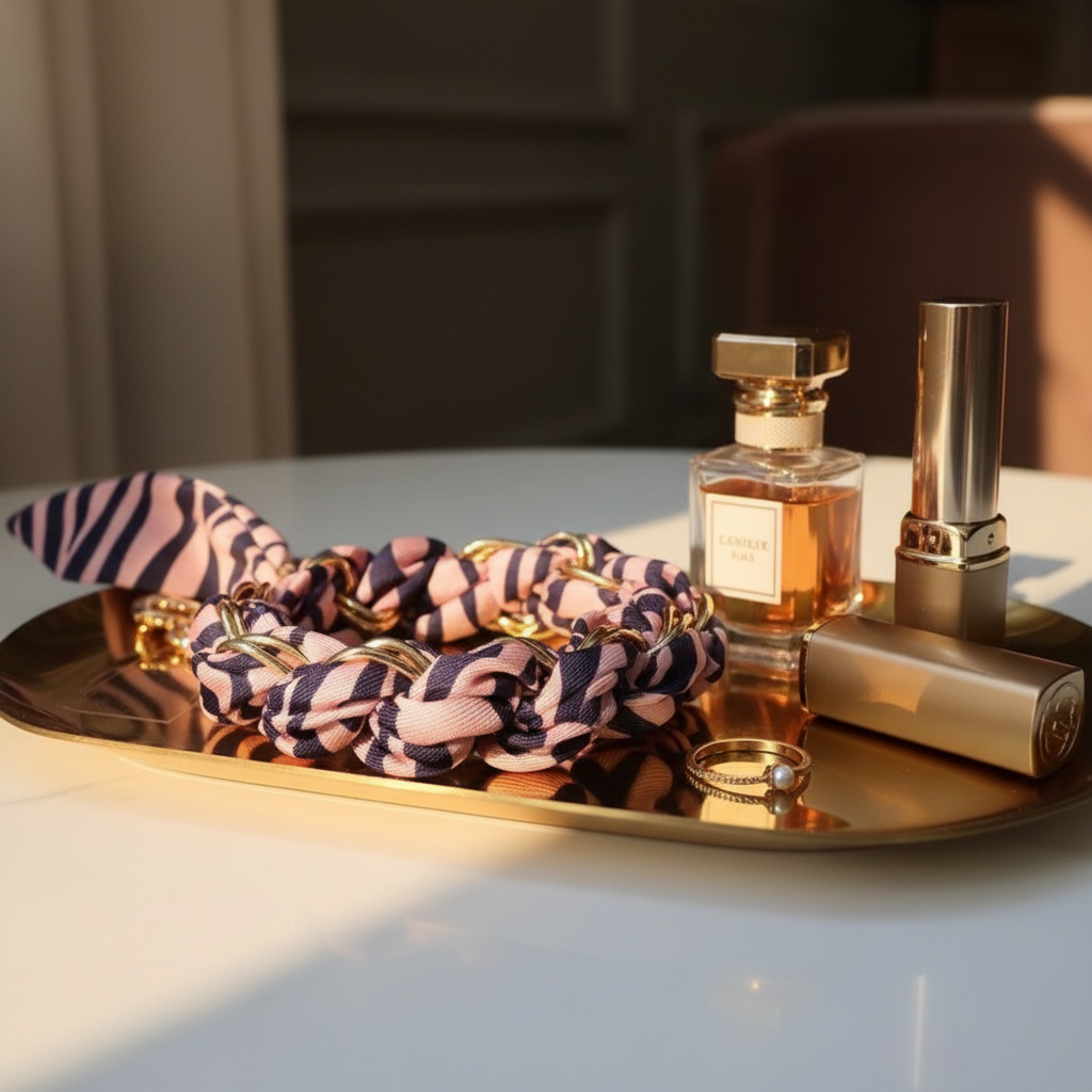 Glow Mystic in Style zebra gestreepte telefoonkoord met gouden details op een goudkleurige schaal met lifestyle producten eromheen.