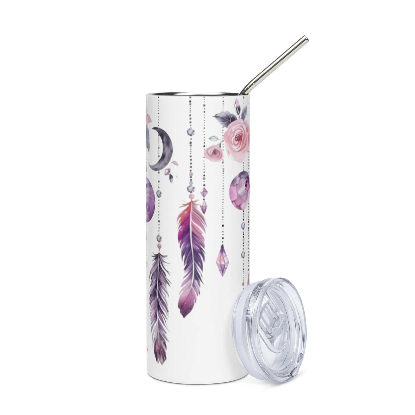 Stainless steel tumbler with dreamcatcher and floral design, clear lid, and metal straw.