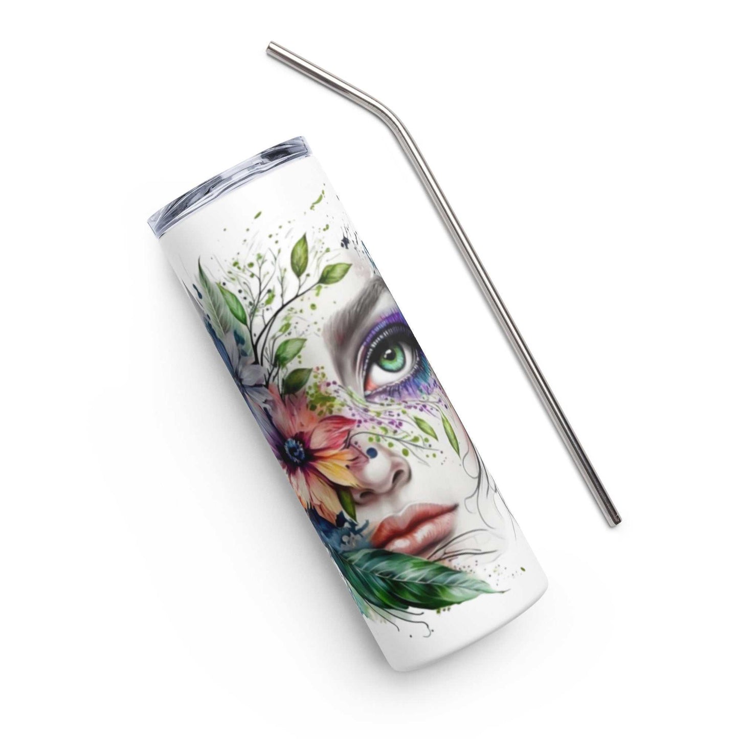 Stainless Steel Tumbler met kunstzinnig wild bloemen ontwerp en herbruikbaar rietje, dubbelwandige isolatie voor warme en koude dranken.