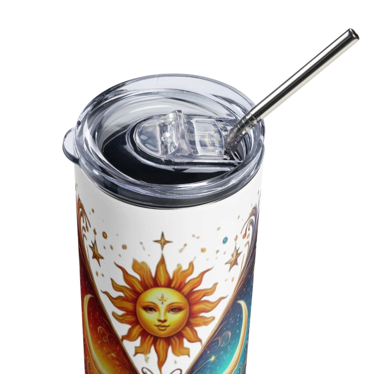 roestvrijstalen tumbler met zon en maan design en dubbelwandige isolatie met rietje en transparant deksel