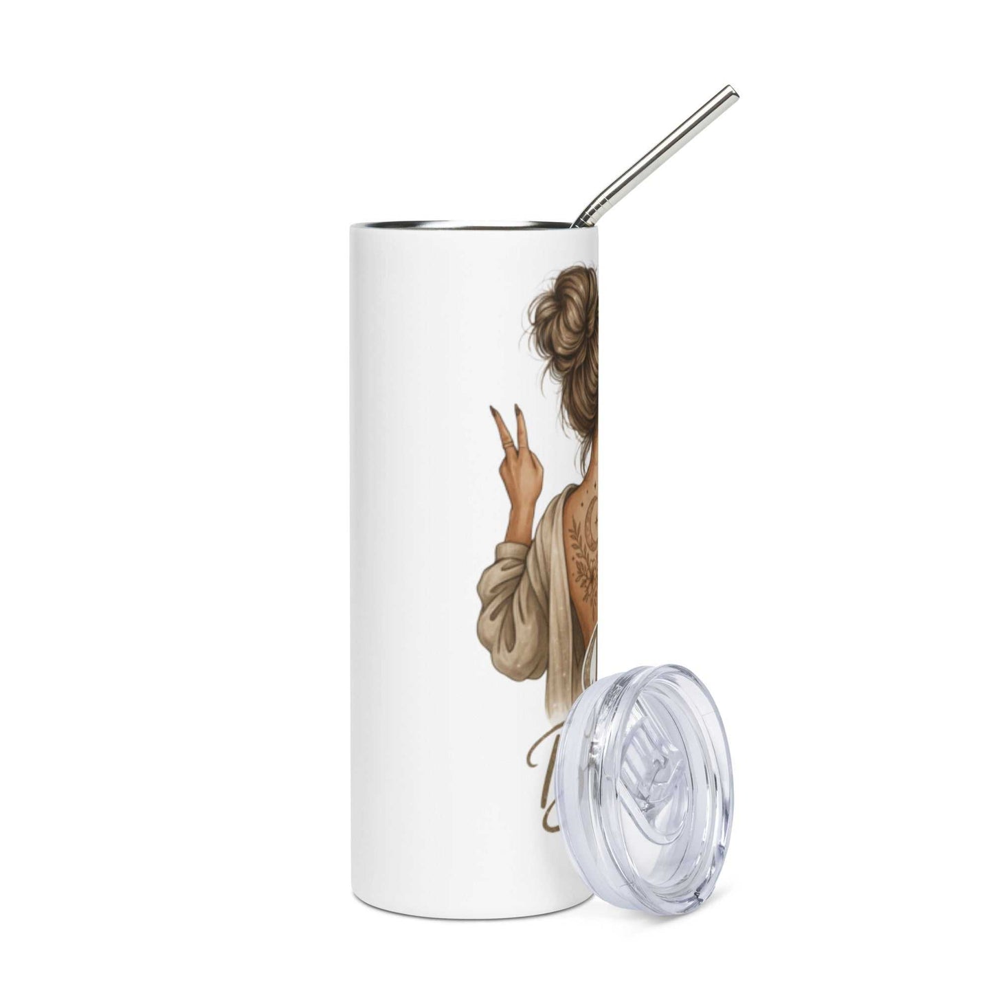 stainless steel tumbler with "Just Breathe" design, metal straw, and clear lid, sleek travel drinkware
