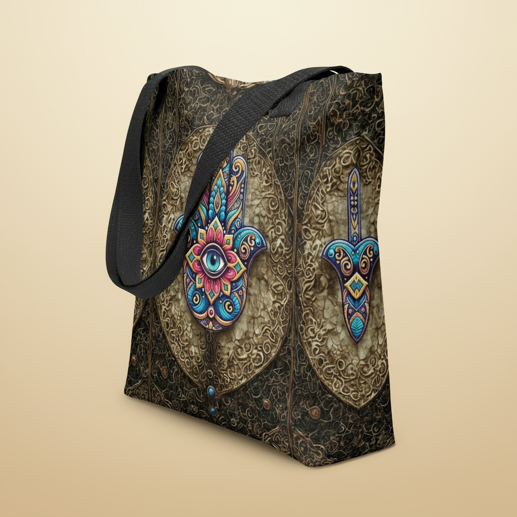 Hamsa Eye Tote Bag with colorful mystical hand design on durable black fabric, eco-friendly and spacious with sturdy handles
