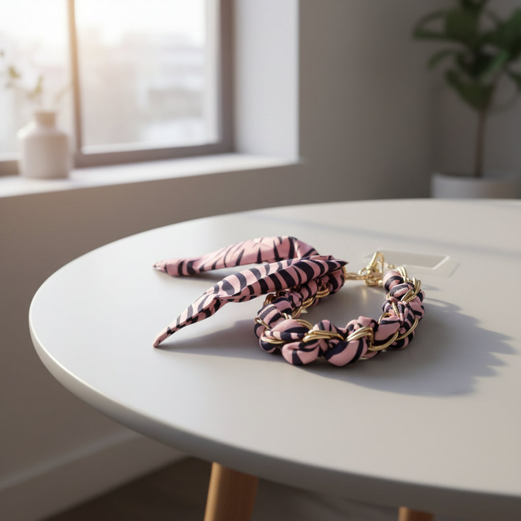 Luxe goudkleurige pols-telefoonketting met lichtroze bedrukte stof op een marmeren tafel met houten poten.