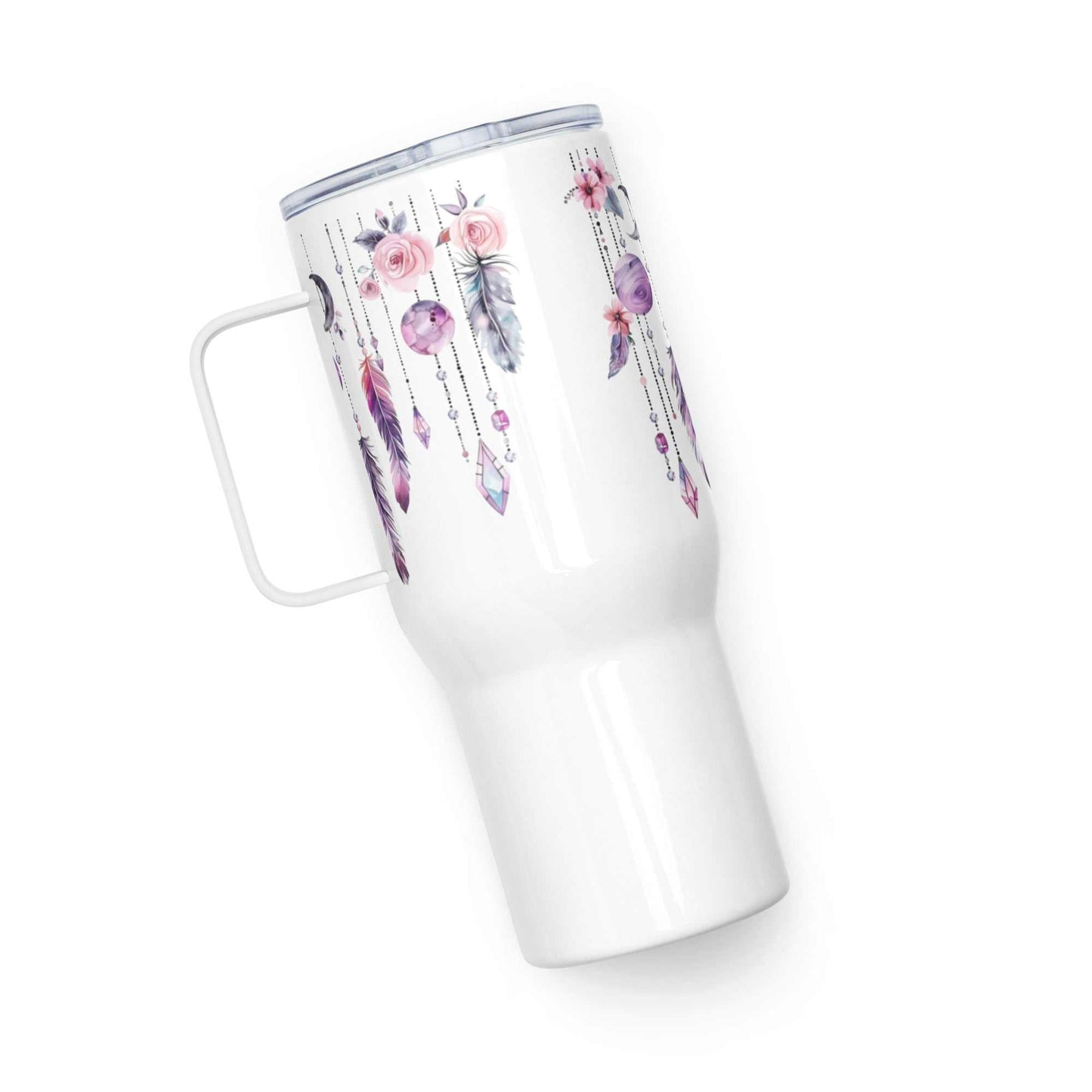 witte travel mug met boho veren en bloemen print en handgreep, isolerende reisbeker voor warme en koude dranken