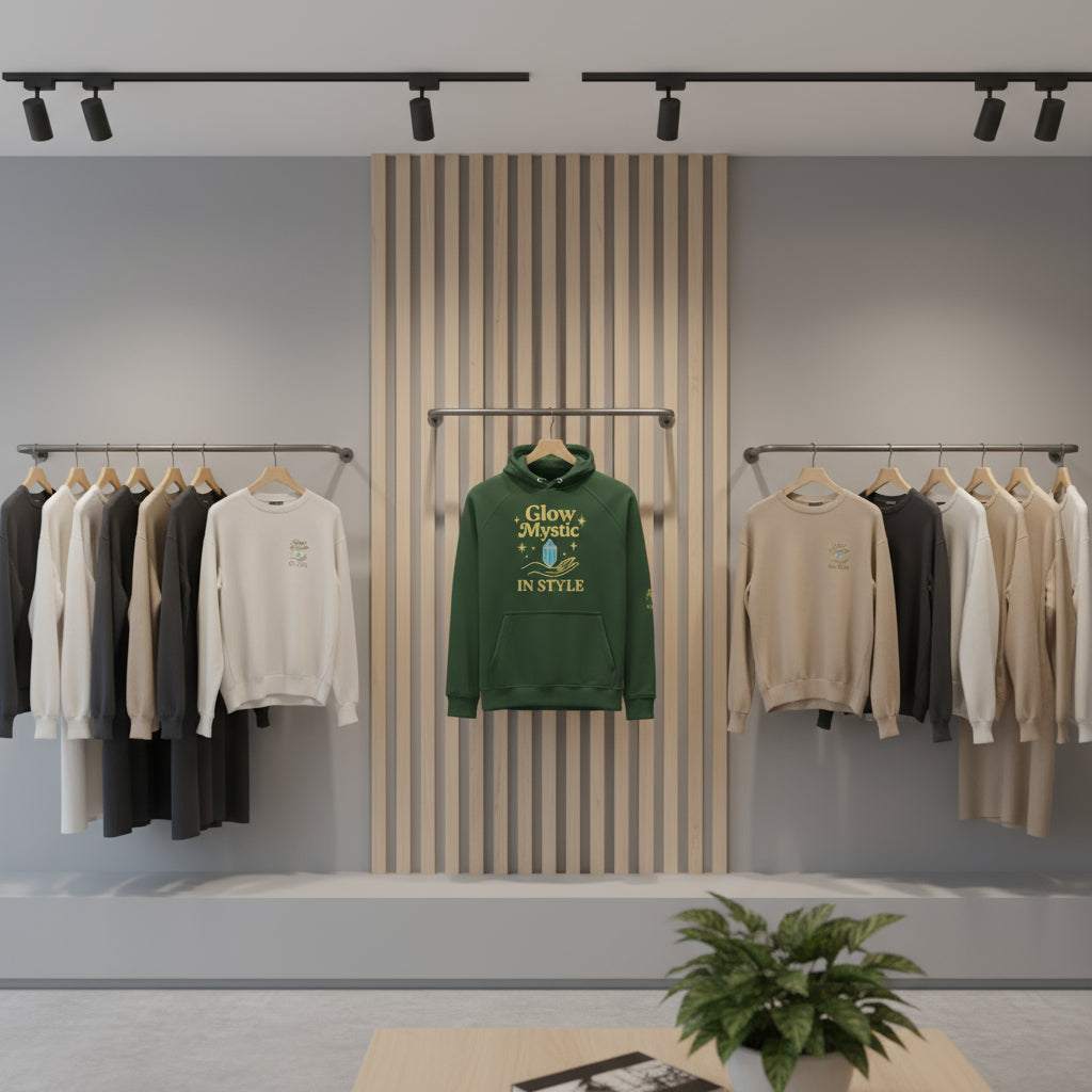 Glow Mystic in Style Hoodie urban streetwear in groen en neutrale kleuren, comfortabele duurzame hoodie van biologisch katoen en gerecycled polyester, modern unisex design.