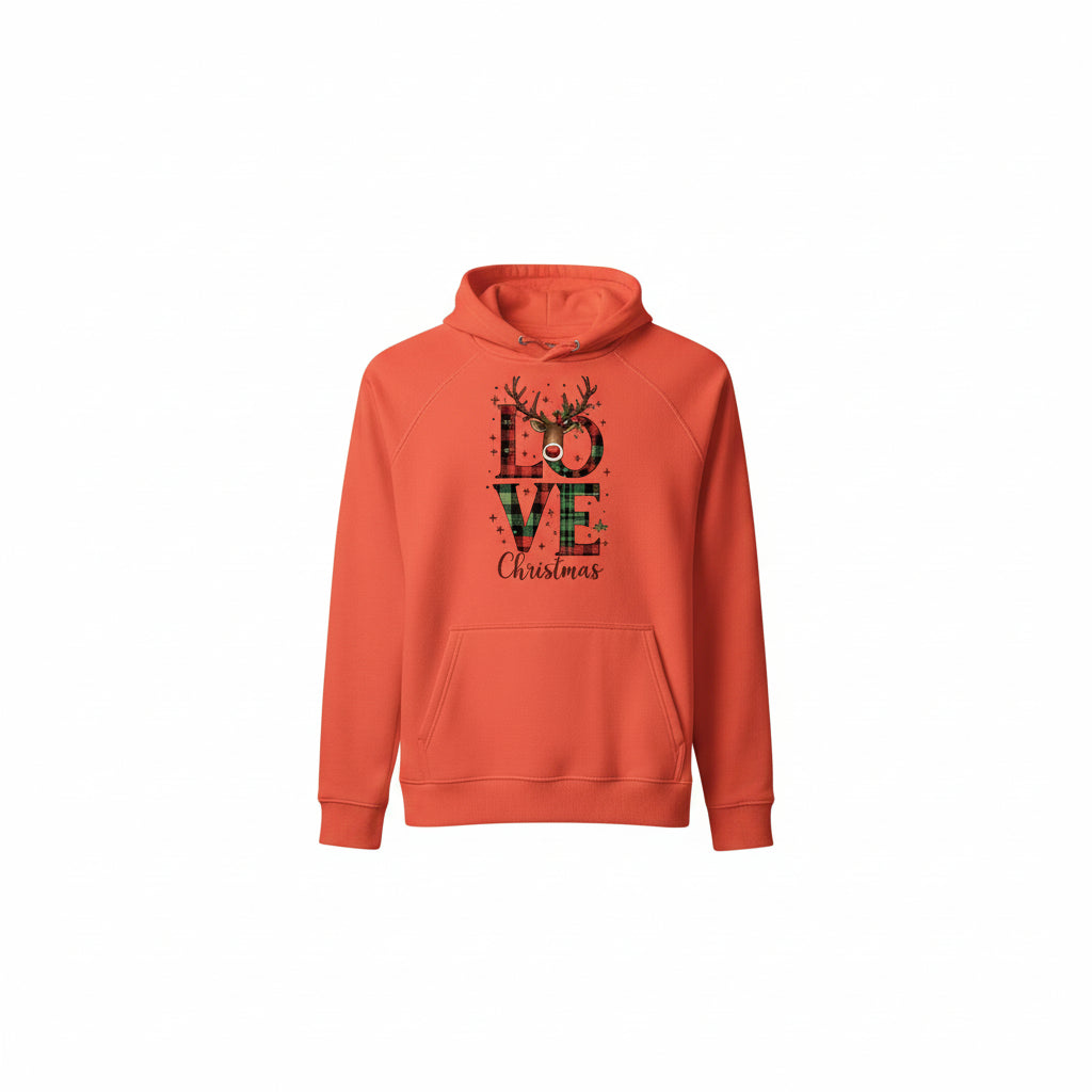duurzame Eco Raglan Love Christmas hoodie met kerstprint en zachte fleece binnenkant