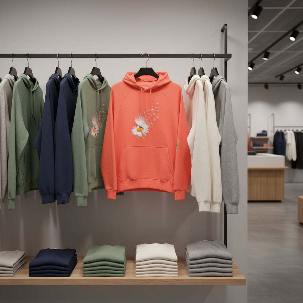 verschillende kleuren Eco Raglan Unisex Hoodie duurzaam en comfortabel hanger display in winkel