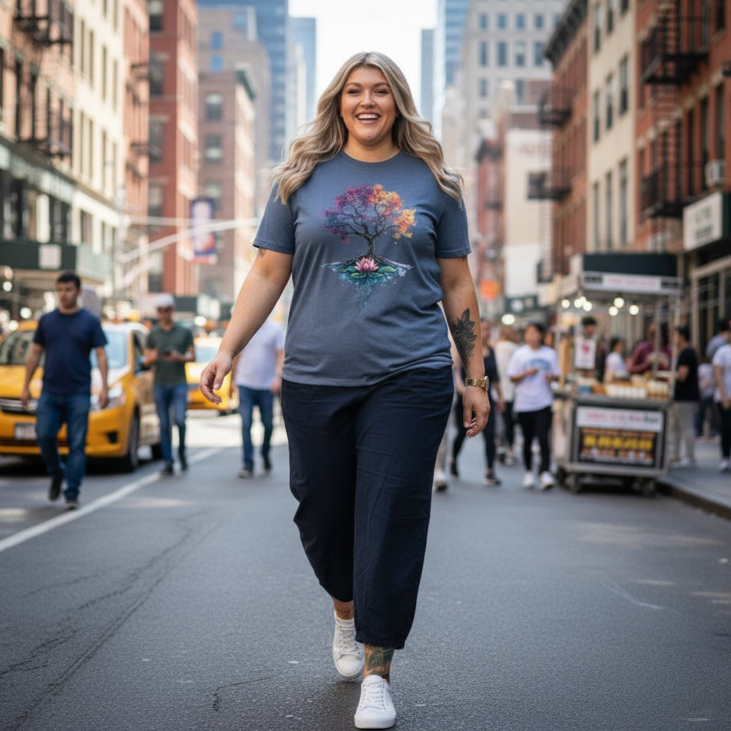 Woman wearing Tree of Life Energy Flow T-Shirt with colorful cosmic design walking on the street of new york