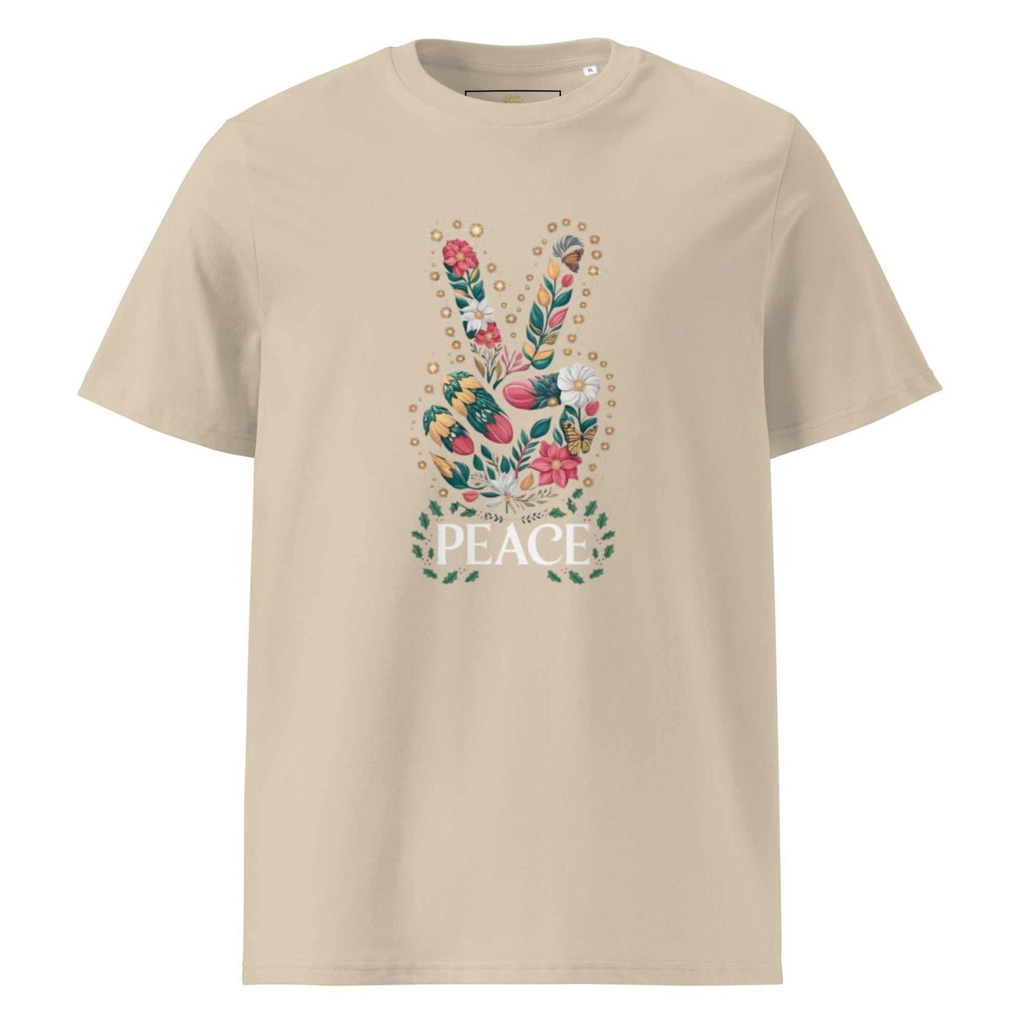 Beige unisex biologisch katoenen t-shirt met kleurrijk peace bloemdesign en comfortabele pasvorm