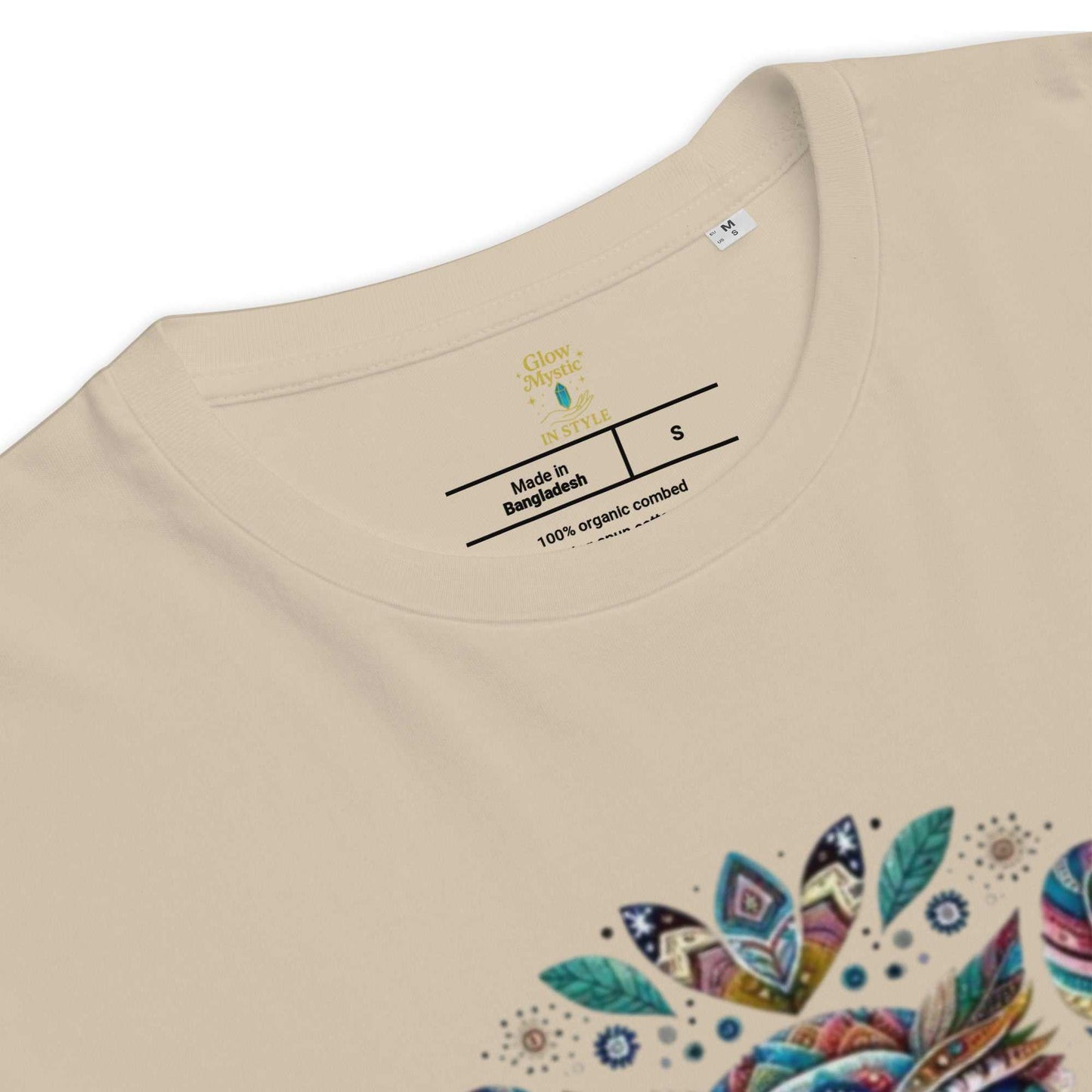 Mystical Owl Organic T-Shirt in beige with colorful spiritual owl design and eco-friendly organic cotton fabric.