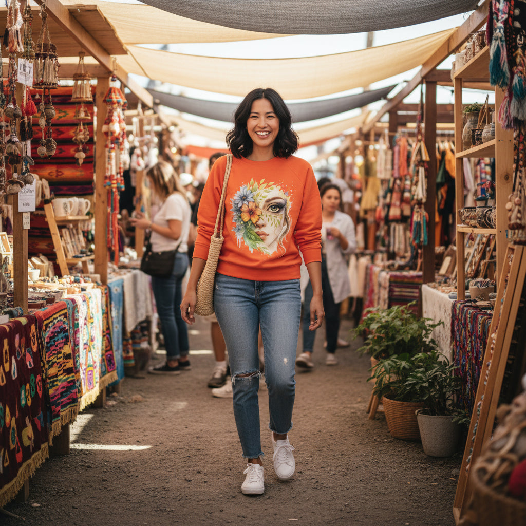 Vrouwelijk model draagt oranje Floral Face Sweater met bloemrijke aquarel print in marktstraat