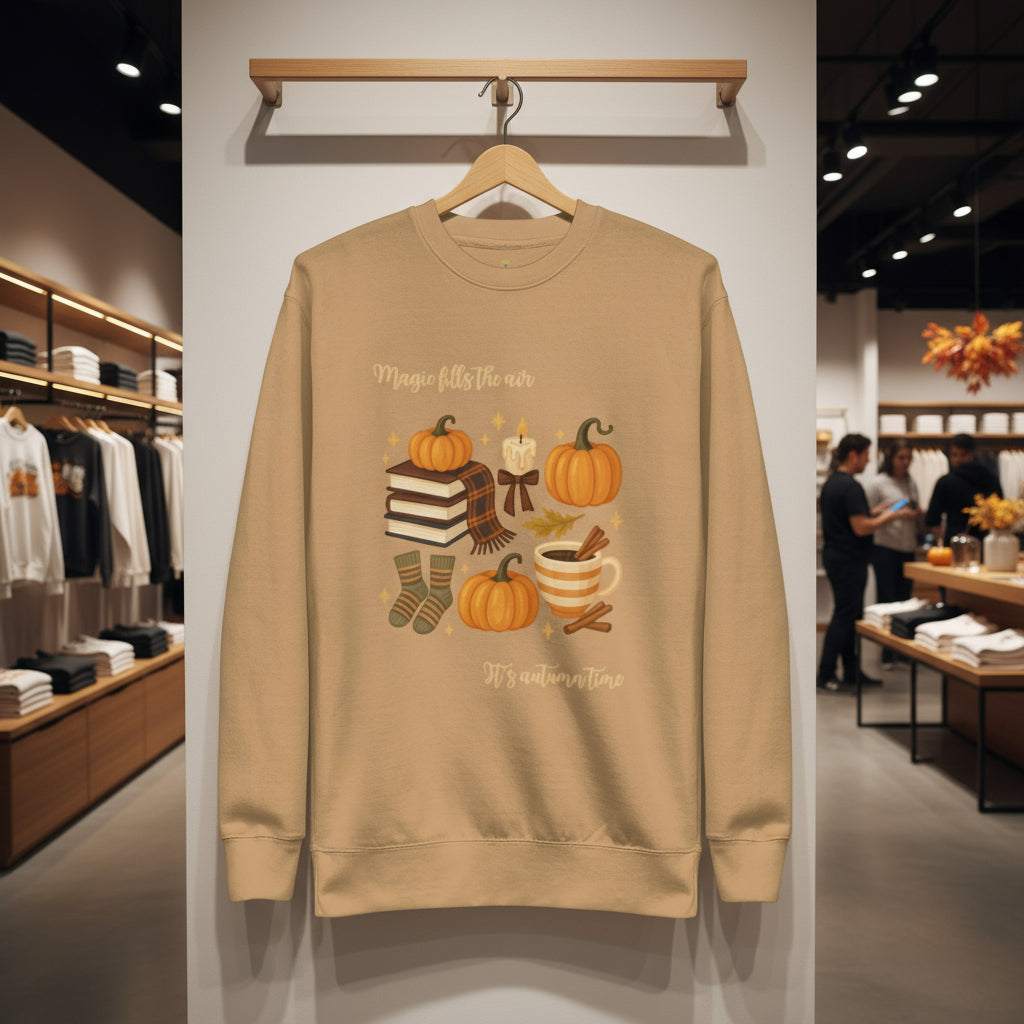 Beige sweatshirt met herfstige print pompoenen, sokken, boeken en warme drank in winkelomgeving