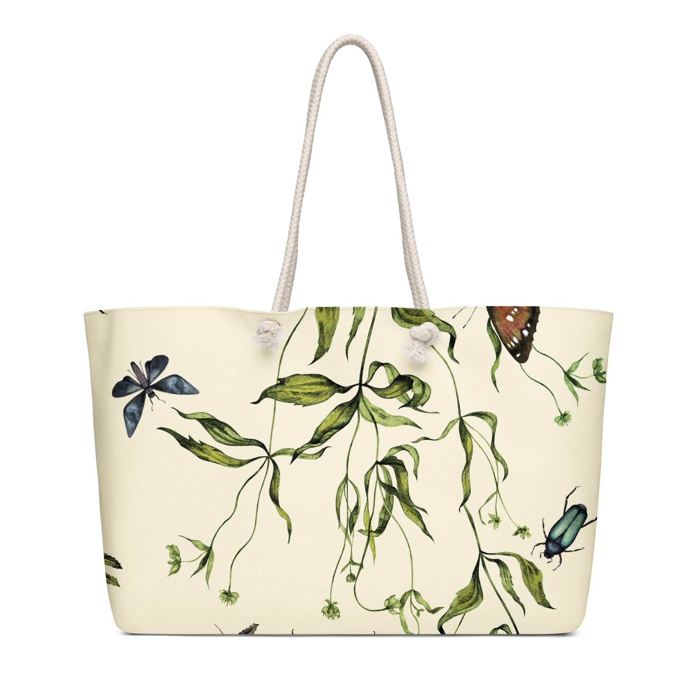 oversized weekender bag met vintage botanische print en zachte touwen handvatten