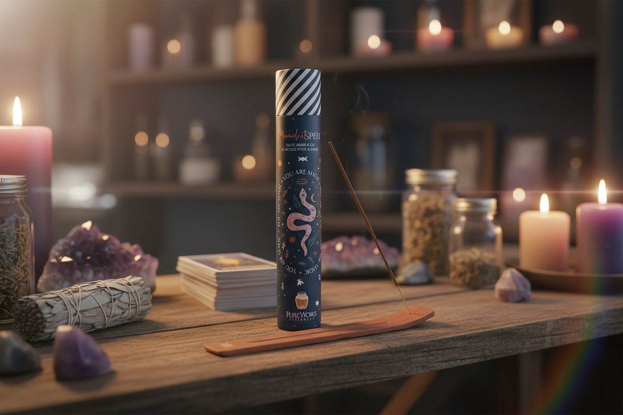 Celestial Magic Moondust Spell wierookhouder set met gratis extra houder in mystieke houten stijl