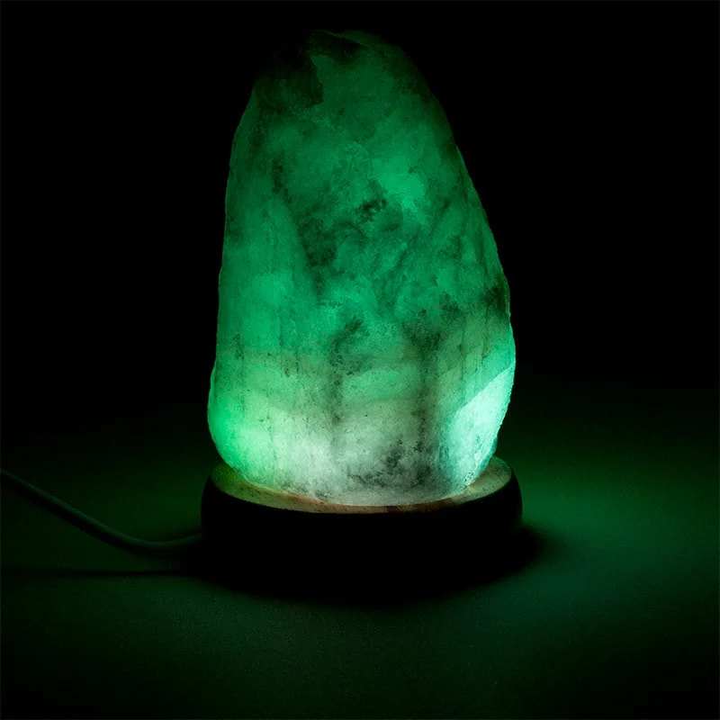 Mini Himalayazoutlamp met wisselend groen LED-licht en houten basis, handgevormd en USB-aansluiting