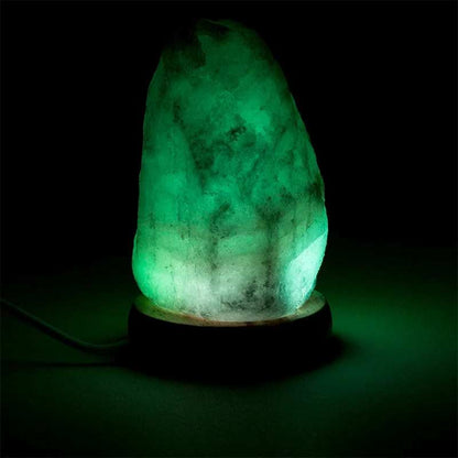 Mini Himalayazoutlamp met wisselend groen LED-licht en houten basis, handgevormd en USB-aansluiting