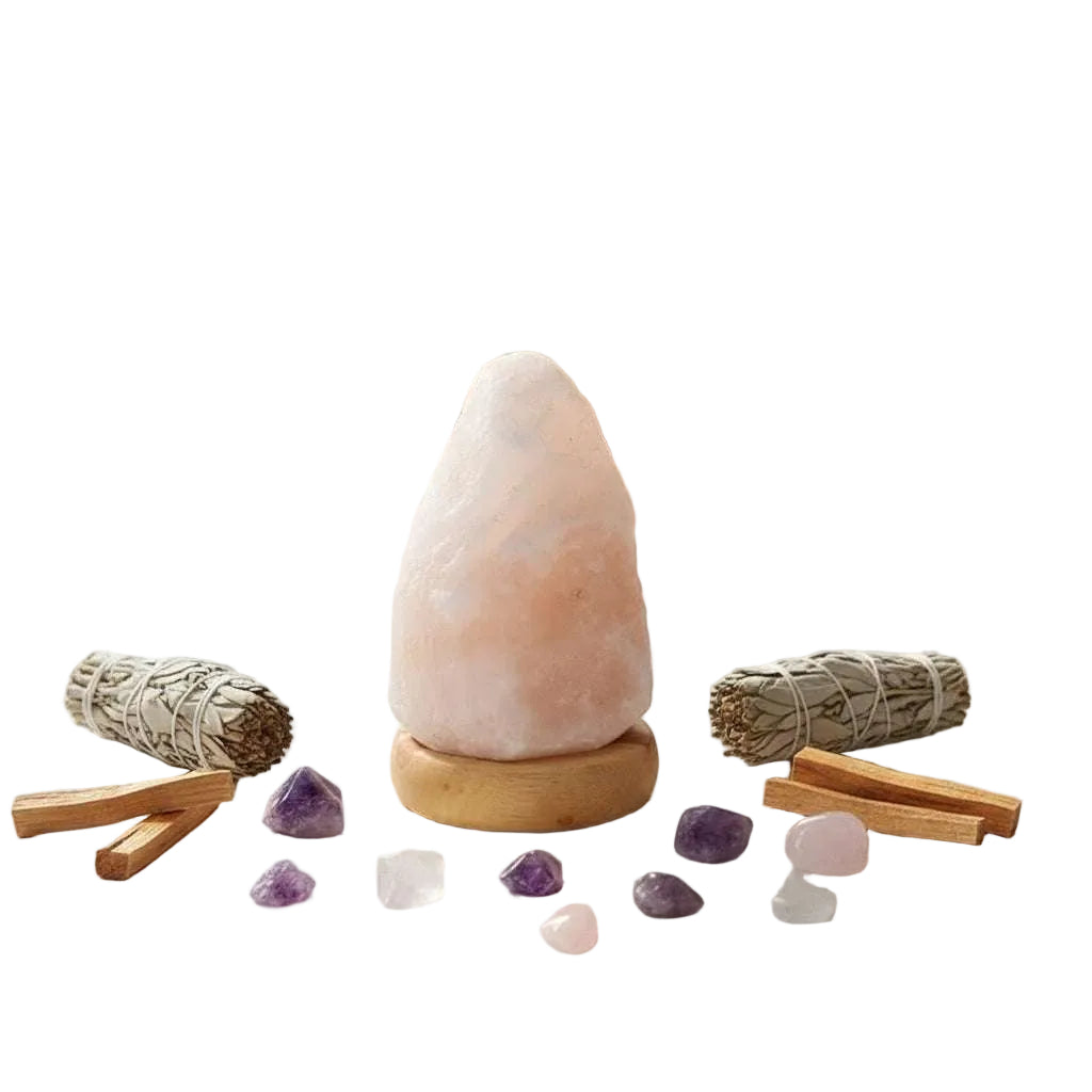 Mini Himalayazoutlamp met houten basis en warm LED-licht voor ontspanning en sfeerverlichting