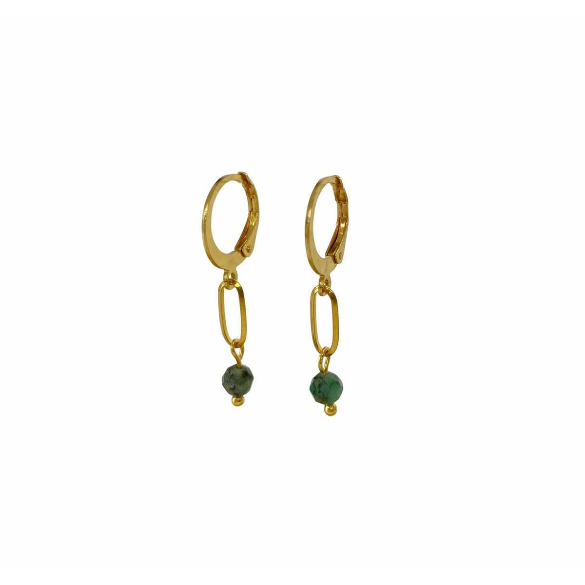 Gouden stainless steel smaragd oorbellen met facet geslepen groene edelsteen, duurzaam en elegant.