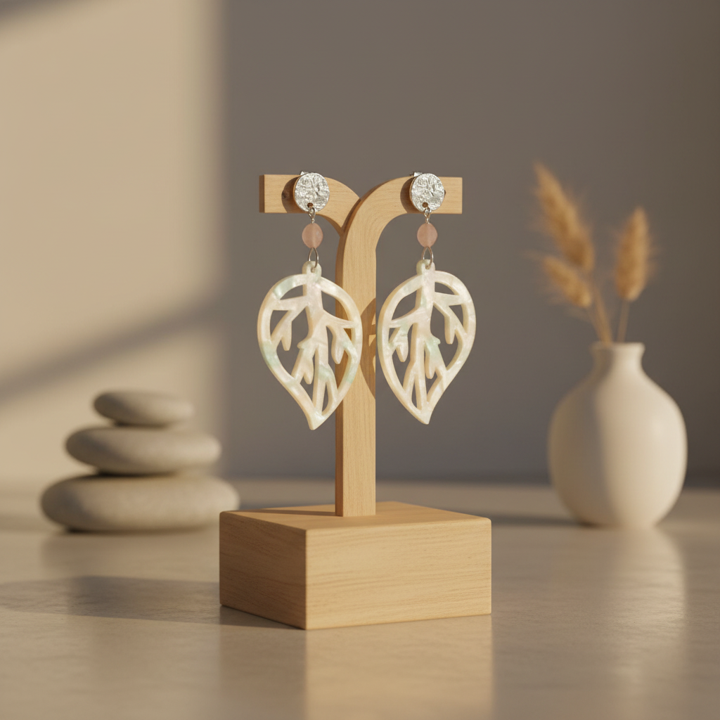 Kunziet Blad Statement Oorbellen van zilver met paarse edelsteen en bladvormige acryl hanger.