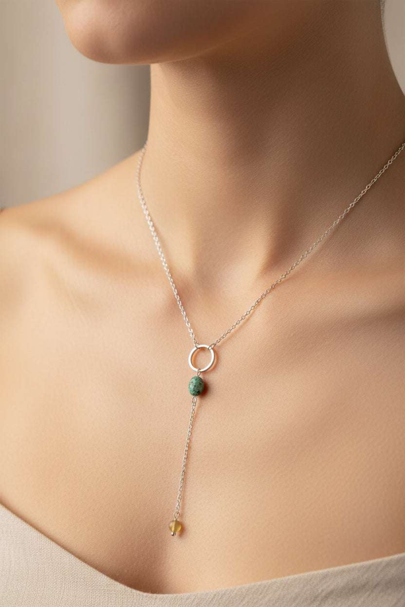 Afrikaanse Turkoois & Citrien Y-ketting van zilver stainless steel met facetgeslepen edelstenen