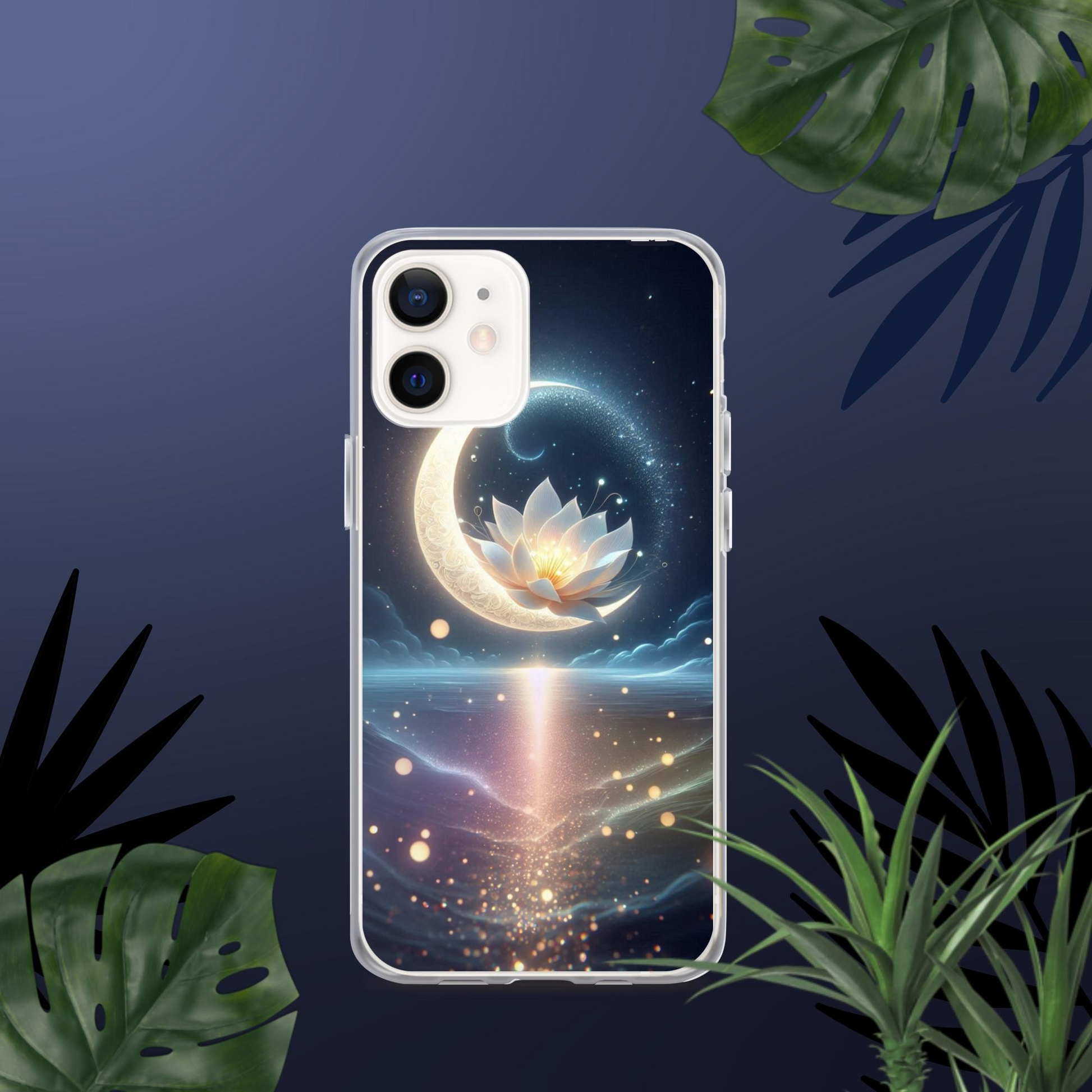 Clear iPhone case with celestial lotus flower design and cosmic glow for elegant spiritual protection