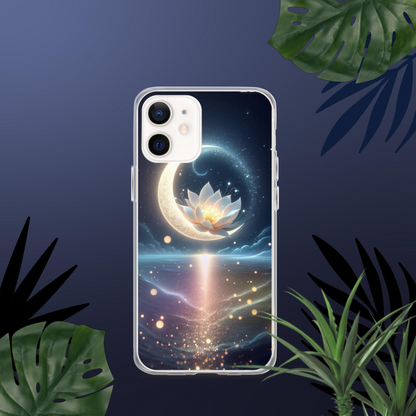 Clear iPhone case with celestial lotus flower design and cosmic glow for elegant spiritual protection