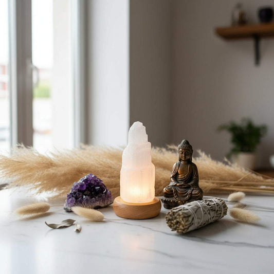 lichte seleniet mood lamp op houten basis met warm LED-licht voor rust en meditatie