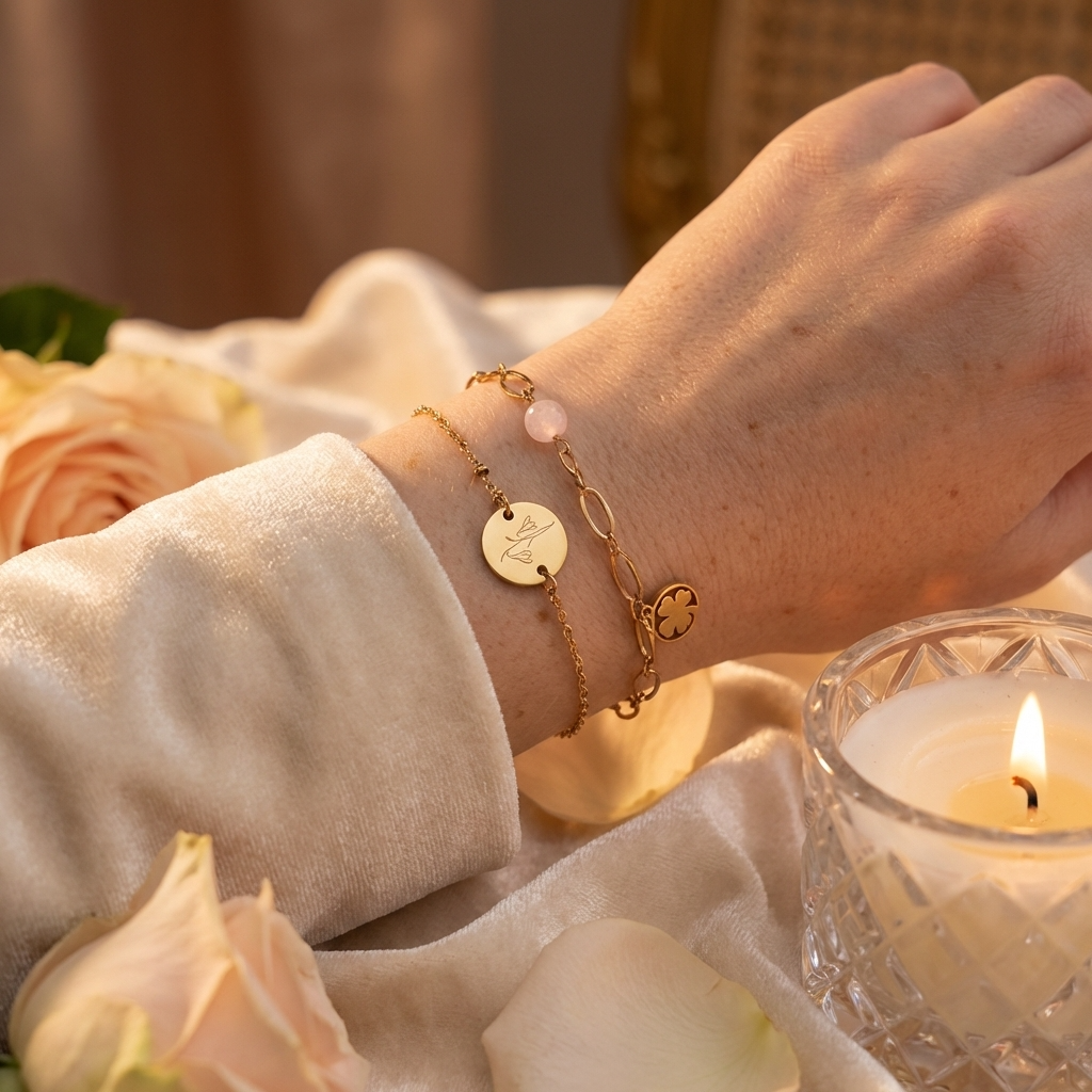 Geboortebloem armband gedragen om de pols