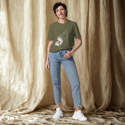 woman wearing Bloom & Fly Mystic Daisy Organic Cotton Tee with daisy design and blue jeans