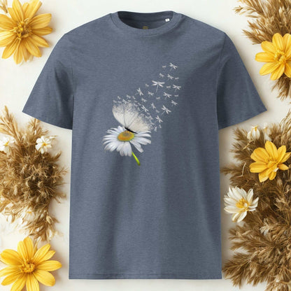 Bloom & Fly Mystic Daisy Organic Cotton Tee with a daisy and dragonfly design on a blue eco-friendly fabric