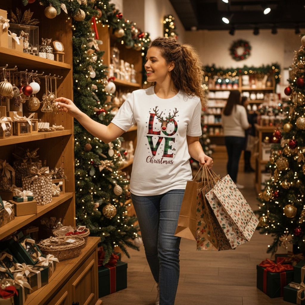 Woman wearing organic cotton Christmas t-shirt with festive LOVE plaid and reindeer design in cozy holiday setting